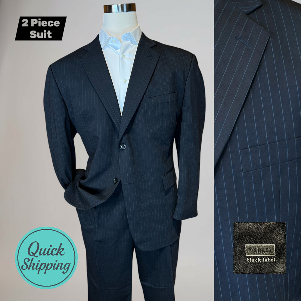 Vintage Haggar Black Label 48R 42x29 Black with Ice Blue Stripe Suit